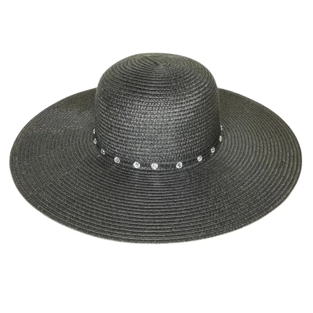 Boutique Gothic Wide Brim Black Straw Sun Hat Rhinestone Crystal Embellished